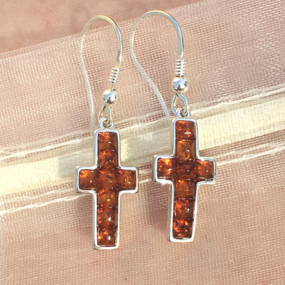 Baltic Amber .925 Cross Earrings Dangles Sterling Silver Genuine Gemstones